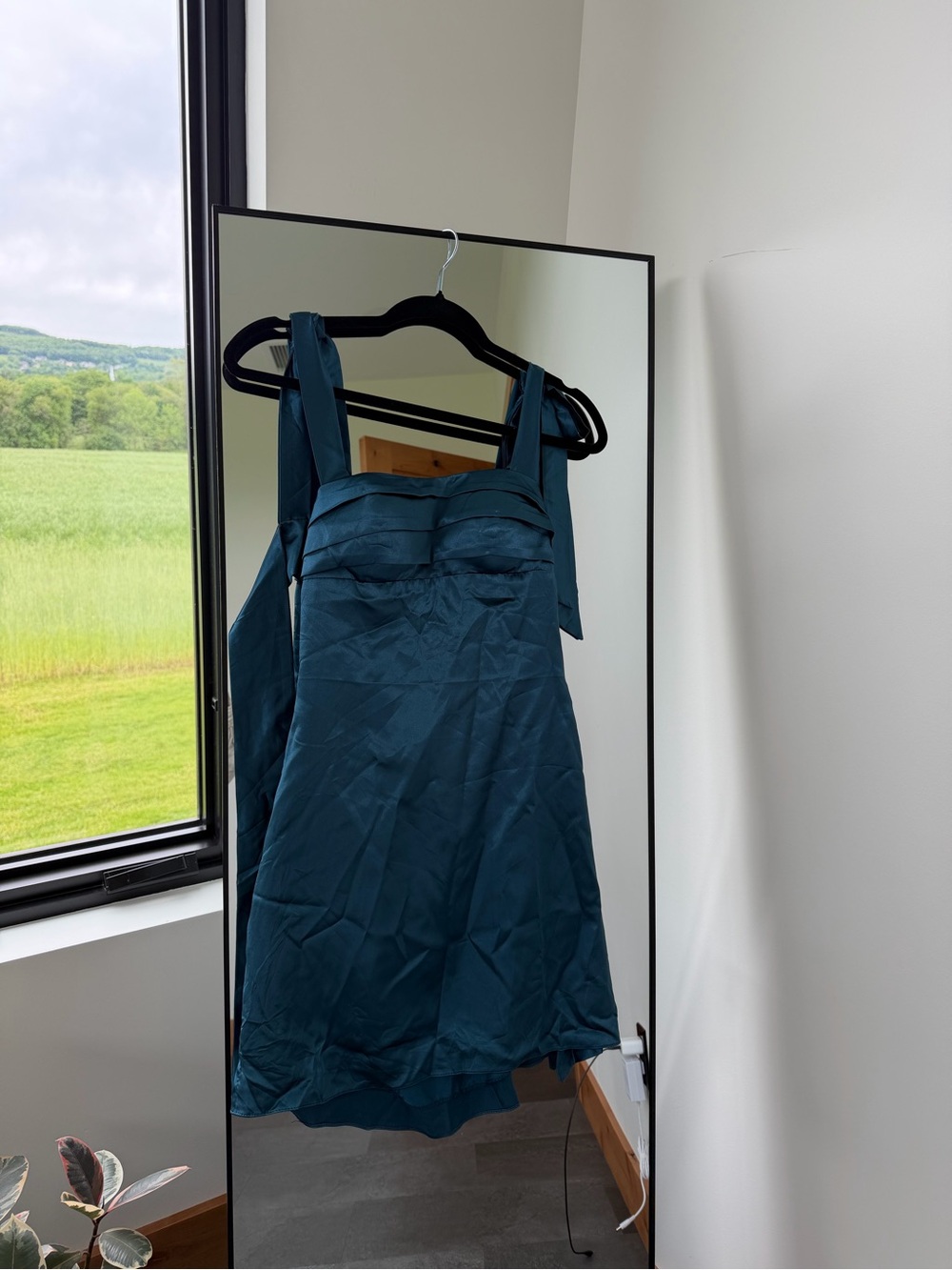 Teal Satin A-Line Dress with Tie Straps